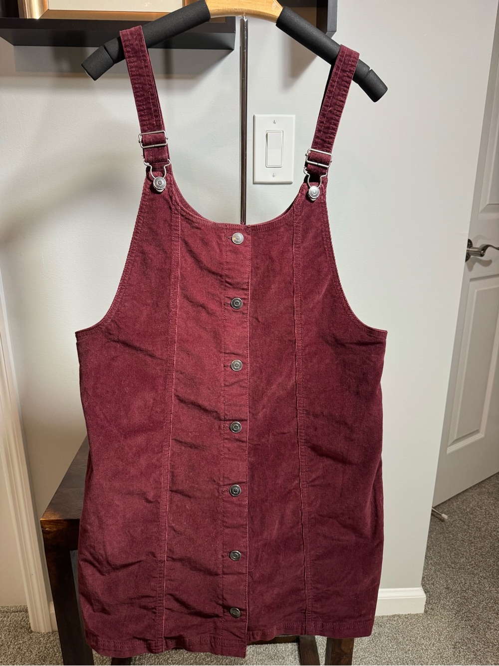 Celebrity Pink Corduroy Overalls Dress in Deep Wine